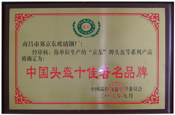 中国头盔十佳著名品牌证书牌匾